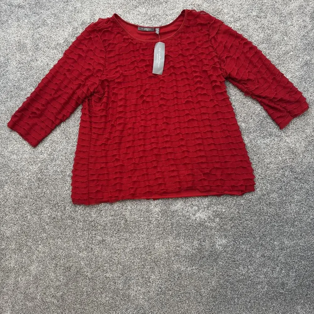 NY Collection Blouse 3X Plus Red Ruffles Holiday Christmas Party Boho Office